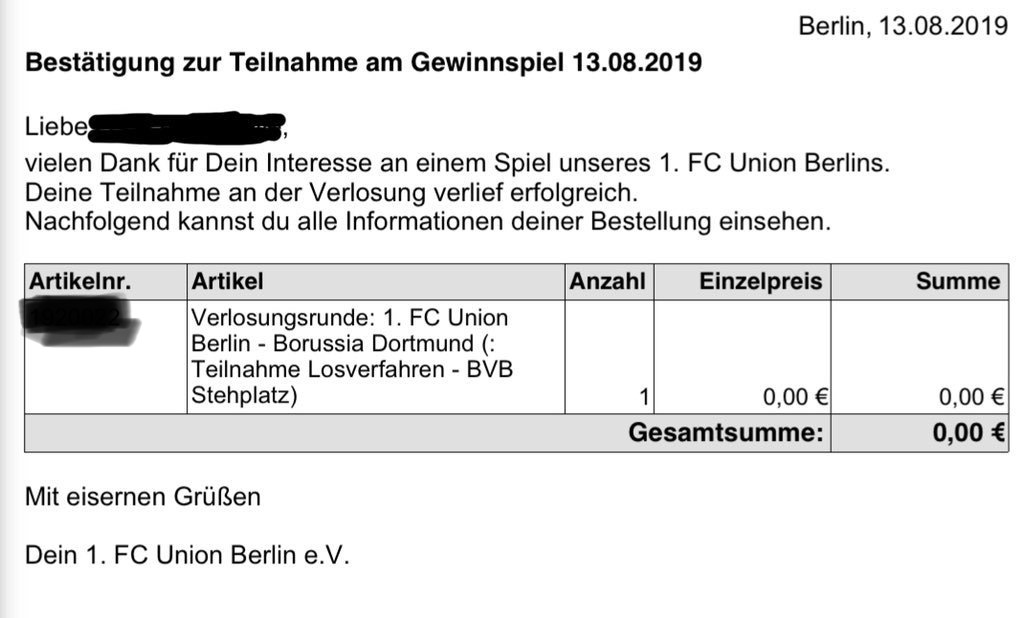 Bestätigung zur Teilnahme am Losverfahren beim 1. FC Union Berlin Ticketing
