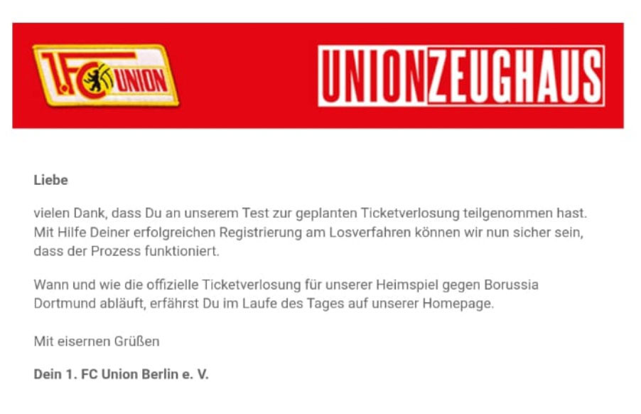 Mail über Systemtest für Ticketverlosung beim 1. FC Union Berlin