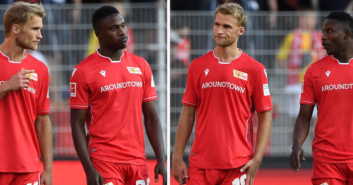 Sebastian Andersson und Suleiman Abdullahi (beide 1. FC Union Berlin) enttäuscht nach dem 1:2 gegen Bremen