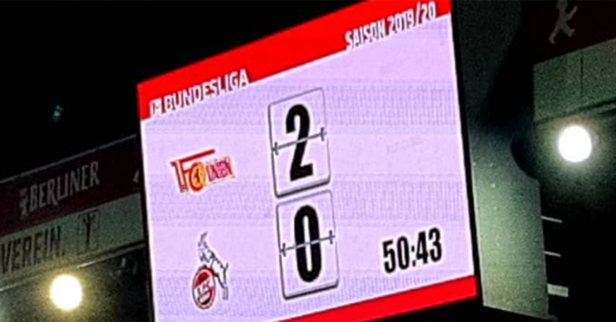 Die Anzeigetafel des 1. FC Union Berlin beim 2:0 gegen den 1. FC Köln, Foto: Die Eisernen