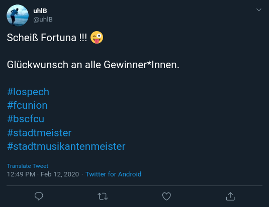 @uhlB auf Twitter: Scheiß Fortuna !!! 😜 Glückwunsch an alle Gewinner*Innen.