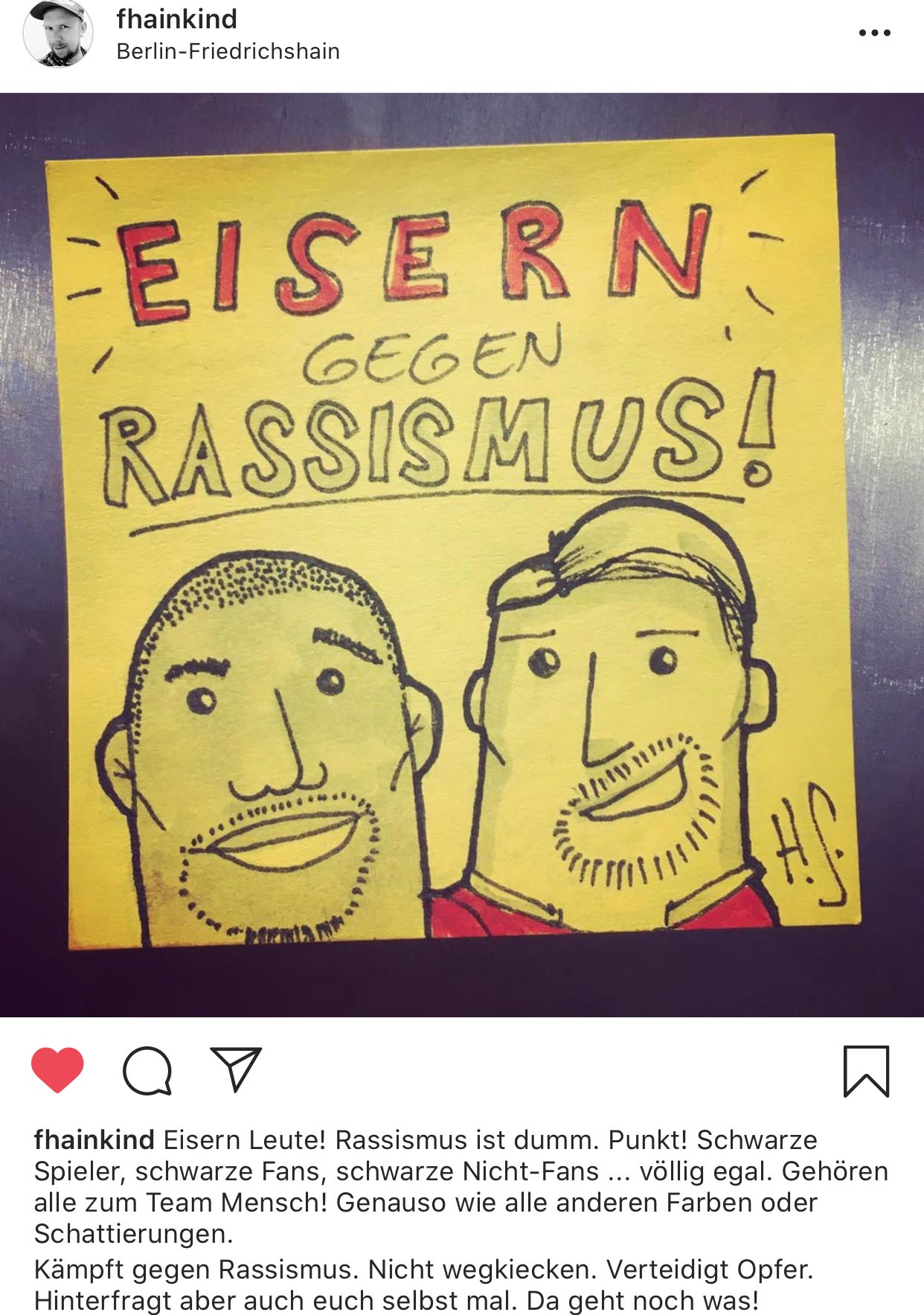 Bild "Eisern gegen Rassismus" aus der Postit-Challenge von @fhainkind auf Instagram