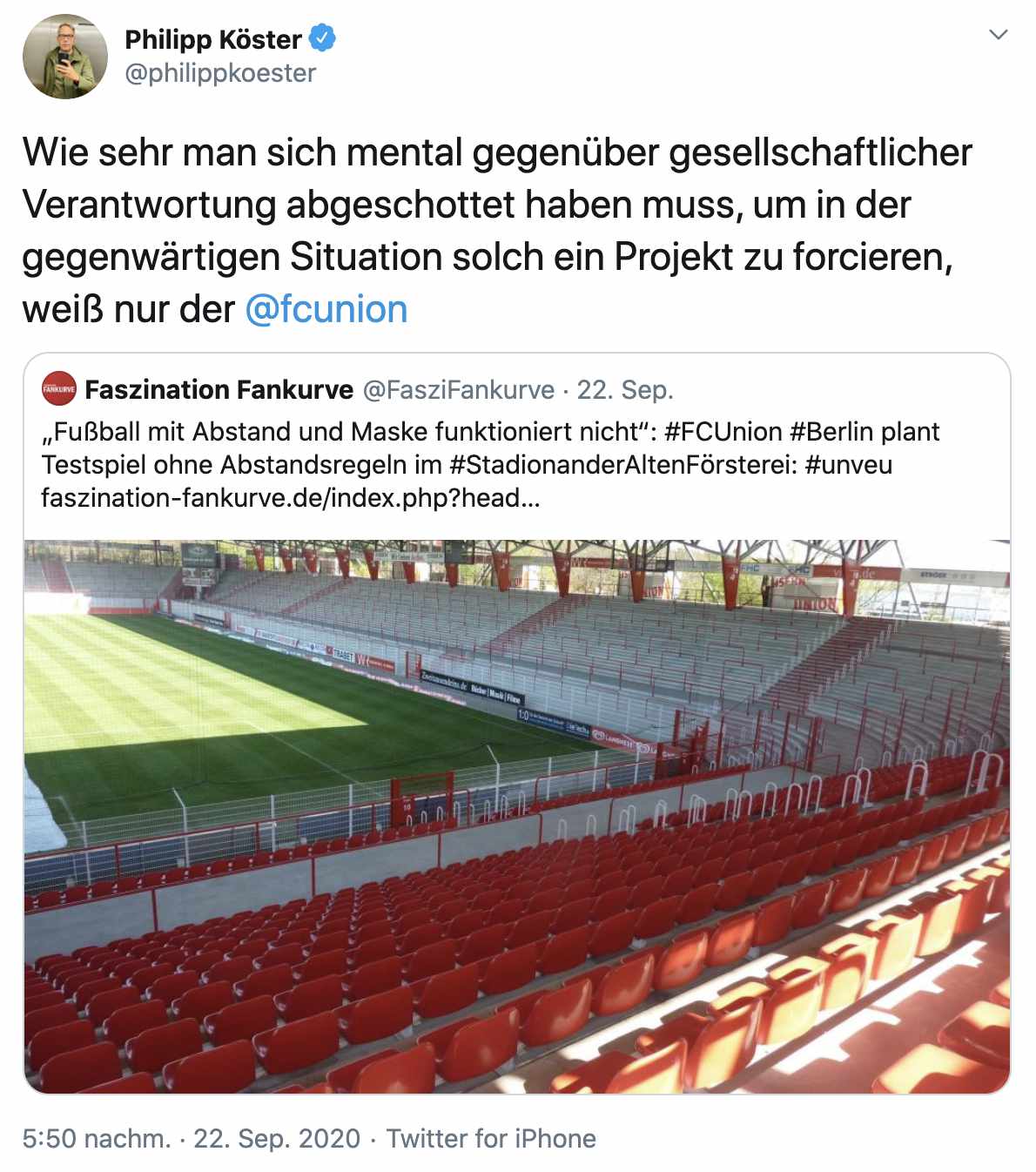 Philipp Köster, Chefredakteur von 11Freunde, über Unions Testvorhaben, Screenshot: Twitter