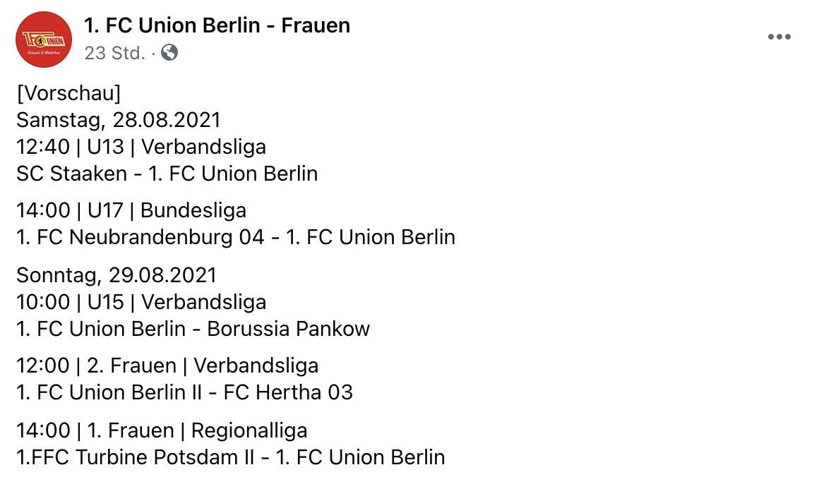 Aktuelle Spiele via 1. FC Union Berlin - Frauen (Facebook)