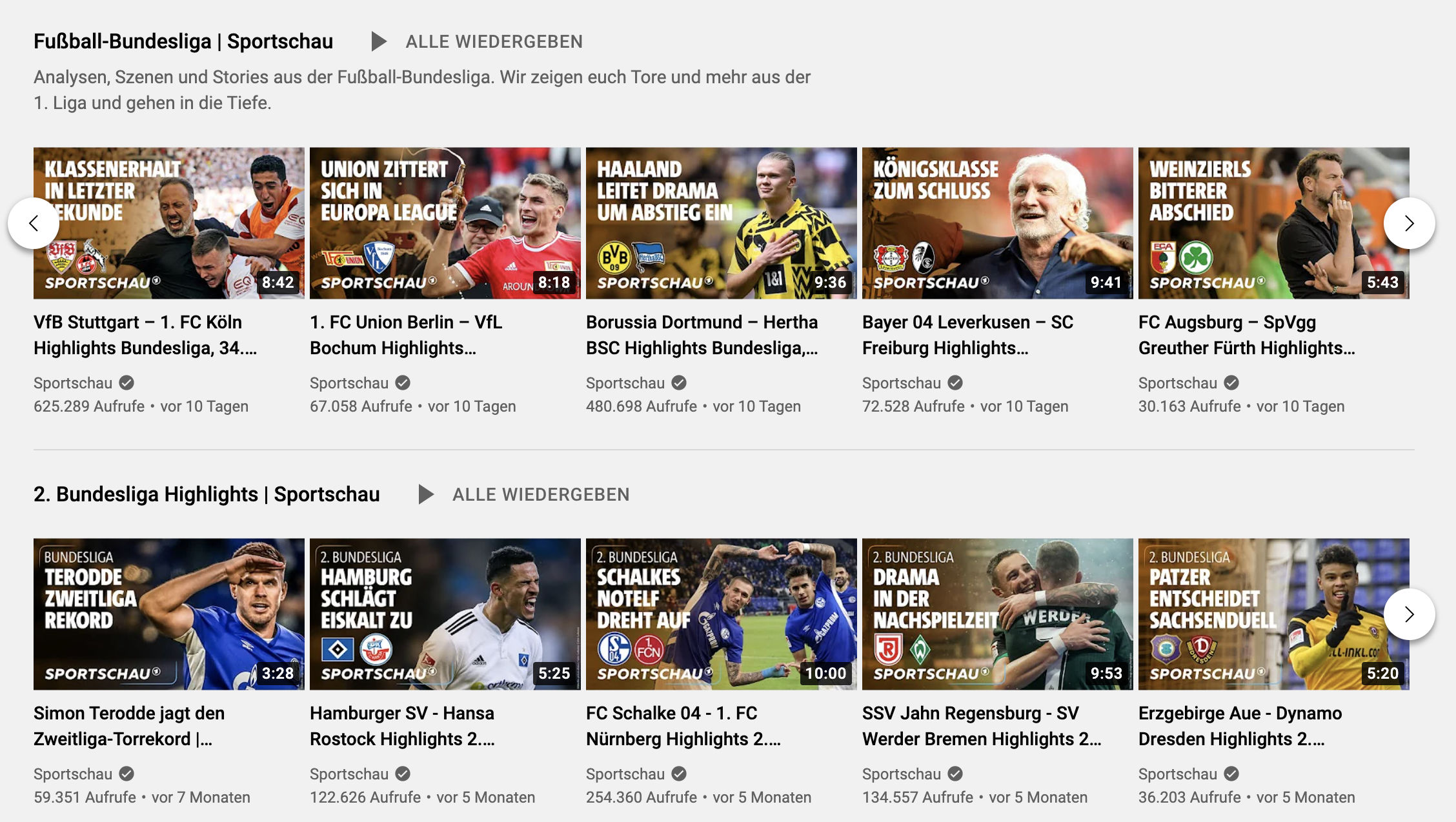 Bundesliga-Zusammenfassungen auf dem Youtube-Kanal der Sportschau, Screenshot: Youtube/Sportschau