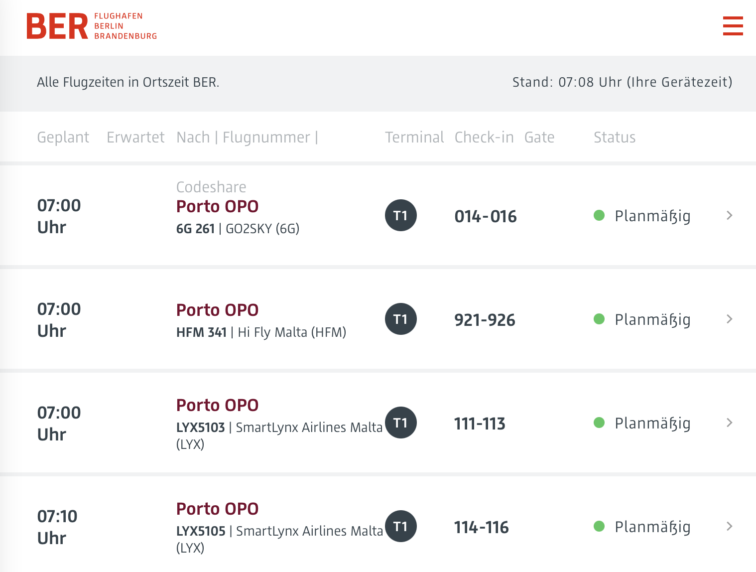 Flüge nach Porto am Donnerstag, Screenshot via BER