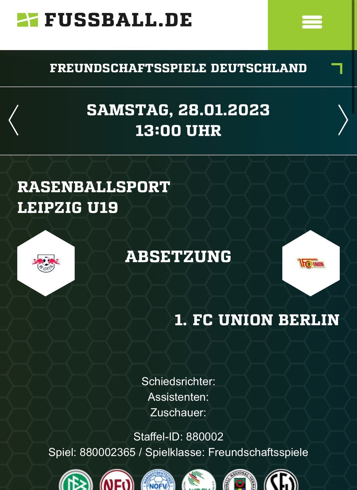 Das Test-Spiel gegen Raba Leipzig wurde abgesetzt, Screenshot: fussball.de