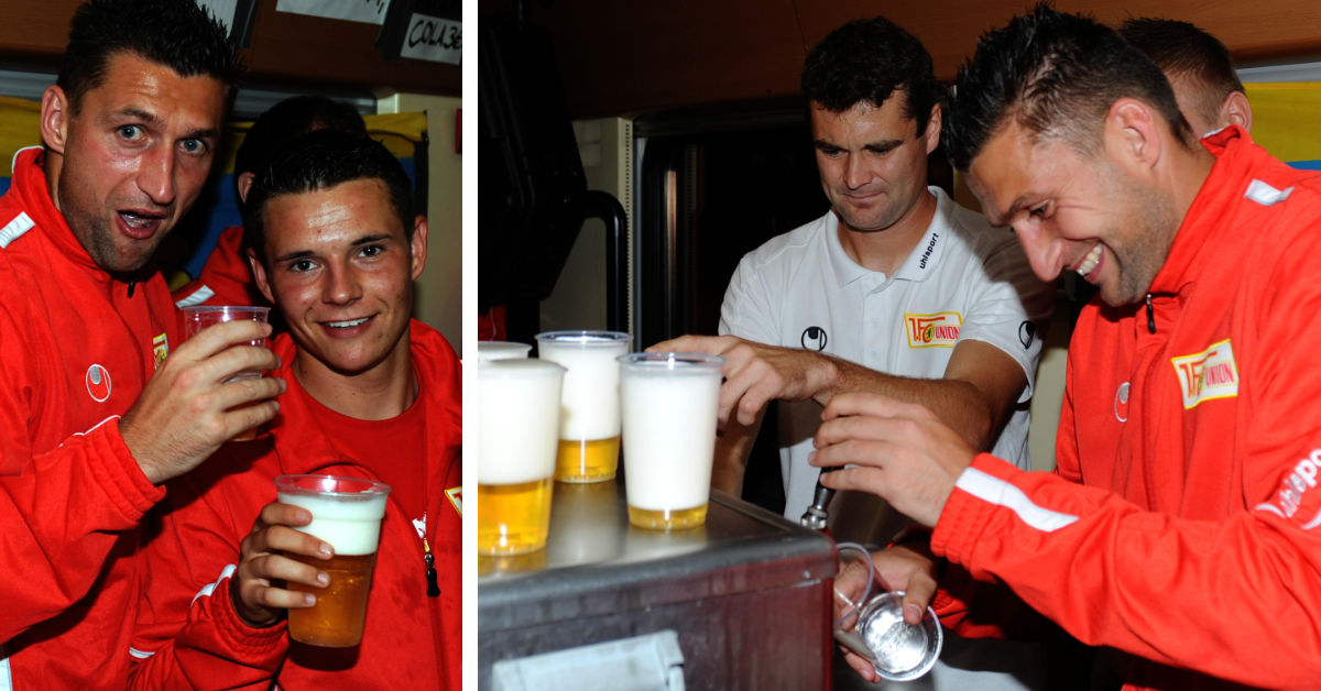 2011 schenkte die Mannschaft auf der Rückfahrt vom Spiel in Frankfurt im Sonderzug Bier aus, Fotos: Matze Koch