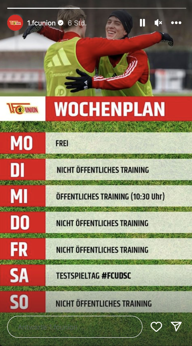 Der Trainingsplan für die erste Januarwoche, Bild via 1. FC Union Berlin auf Instagram
